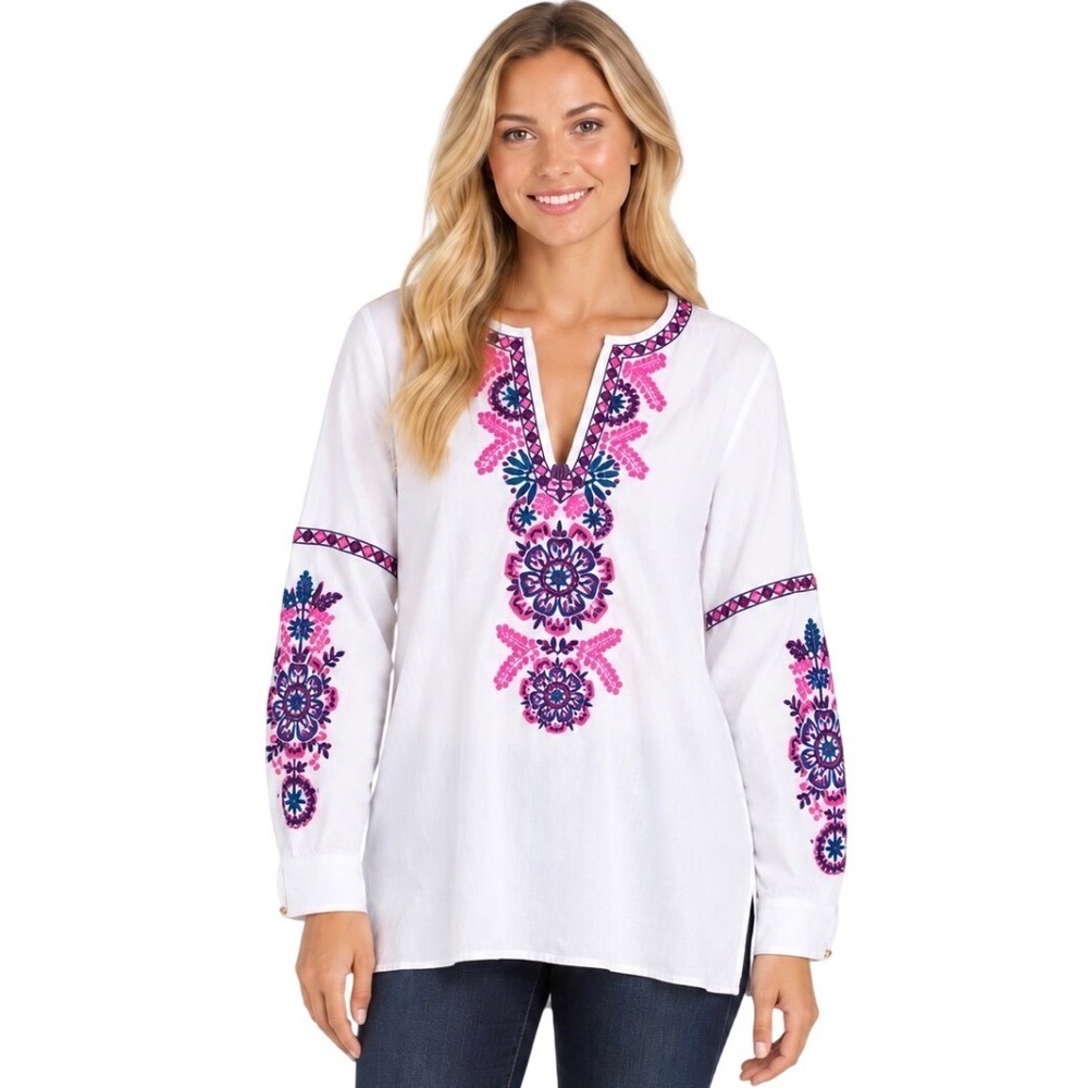 NWT Lilly Pulitzer Coretta Tunic Resort White Pink Embroidered Top XL